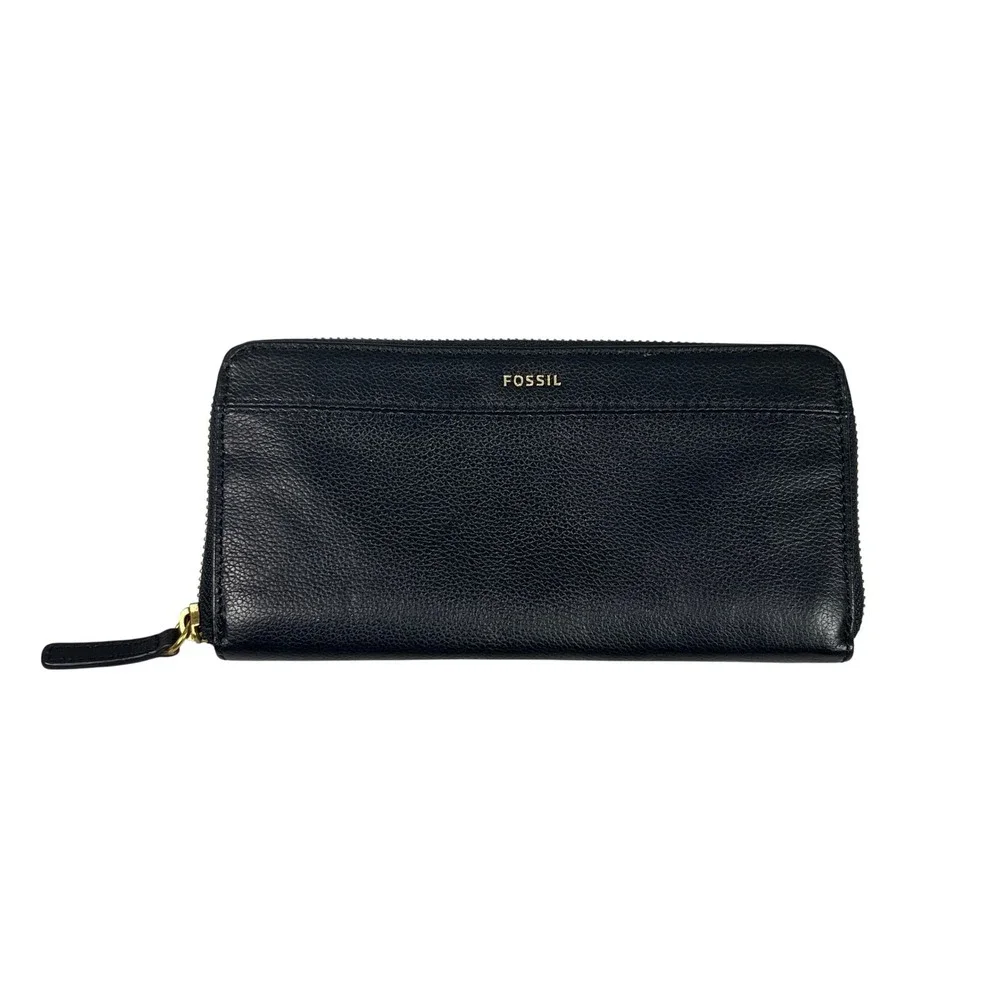 Fossil Logan Zip Around Clutch Wallet Black Pebbled Leather Gold Tone Hardware